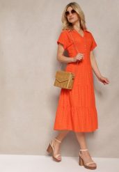 Pomarańczowa Ażurowa Sukienka z Bawełny z Krótkim Rękawem i Guzikami Obitha. Brązowe sukienki Renee, na lato, m, w ażurowe wzory, z bawełny, eleganckie, bez kołnierzyka, bez ramiączek, midi, rozkloszowane. Za 144.99 zł.