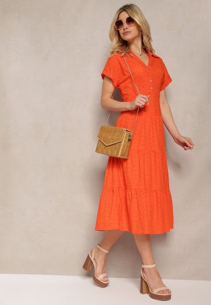 Pomarańczowa Ażurowa Sukienka z Bawełny z Krótkim Rękawem i Guzikami Obitha. Brązowe sukienki Renee, na lato, m, w ażurowe wzory, z bawełny, eleganckie, bez kołnierzyka, bez ramiączek, midi, rozkloszowane. Za 189.99 zł.