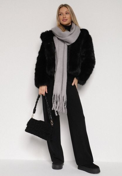 Szary Szalik z Frędzlami Owedarria. Szare szaliki Born2be, bez wzorów, z dresówki, eleganckie. Za 34.99 zł.