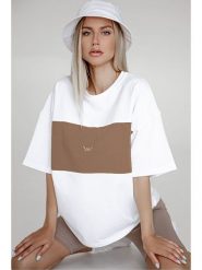 MADMEXT Koszulka w kolorze biało-jasnobrązowym rozmiar: L. Białe bluzki MADMEXT, l, bez wzorów, z bawełny, bez kołnierzyka, bez ramiączek. Za 78.99 zł.