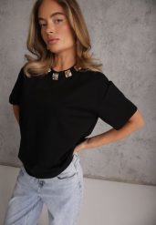 Czarny Oversizowy T-shirt z Bawełny Zdobiony Kwadratowymi Aplikacjami Evesilea. Czarne t-shirty Renee, uniwersalny, z aplikacjami, z bawełny, bez kołnierzyka, bez ramiączek. Za 69.99 zł.