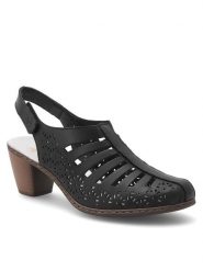 Rieker Sandały 40959-00 Czarny. Czarne sandały Rieker, bez wzorów, ze skóry, bez obcasa, na słupku, bez zapięcia. Za 259.99 zł.