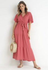 Ciemnoróżowa Sukienka Maxi z Gumką w Talii i Materiałowym Paskiem Kiriane. Czerwone sukienki Born2be, na lato, m, bez wzorów, z materiału, bez kołnierzyka, plus size, bez ramiączek, maxi. Za 64.99 zł.