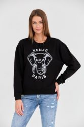 KENZO Czarna damska bluza VARSITY JUNGLE' ELEPHANT EMBRO, Rozmiar XS. Czarne bluzy sportowe Kenzo, s, bez wzorów, bez kaptura. W wyprzedaży za 599.99 zł.