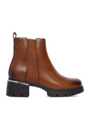 JENNY Botki CEO-24F597-1 Brązowy. Brązowe botki Jenny, bez wzorów, z materiału, bez obcasa, na słupku, bez zapięcia. Za 169.99 zł.