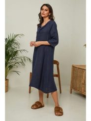 Joséfine Lniana sukienka "Granael" w kolorze granatowym rozmiar: S. Niebieskie sukienki Joséfine, na co dzień, s, bez wzorów, ze lnu, bez kołnierzyka, bez ramiączek, midi, proste. Za 195.99 zł.