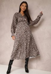 Beżowo-Brązowa Sukienka w Panterkę z Kopertowym Dekoltem Balme. Brązowe sukienki Renee, na co dzień, m, z aplikacjami, eleganckie, bez kołnierzyka, bez ramiączek, maxi, kopertowe. Za 99.99 zł.
