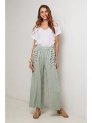 Lin Passion Lniane spodnie w kolorze zielonym rozmiar: 34/36. Zielone spodnie materiałowe Lin Passion, bez wzorów, z koronki, z standardowym stanem. Za 143.99 zł.