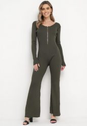 Ciemnozielony Wiskozowy Kombinezon Bodycon z Prążkowaniem i Suwakiem Alnorema. Zielone sukienki Born2be, bez wzorów, prążkowane, eleganckie, bez kołnierzyka, bez ramiączek, bodycon. Za 129.99 zł.