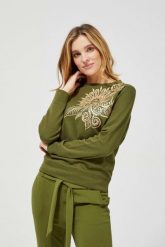Bluza z nadrukiem. Zielone bluzy MOODO, m, bez wzorów, z bawełny, bez kaptura. W wyprzedaży za 39.99 zł.