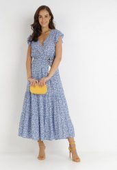 Niebieska Sukienka Cadulenn. Niebieskie sukienki Born2be, l, z aplikacjami, z tkaniny, boho, bez kołnierzyka, bez ramiączek, maxi. Za 99.99 zł.