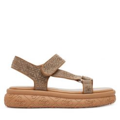 Sandały Guess. Brązowe sandały Guess, z aplikacjami, bez obcasa, na płaskiej podeszwie, bez zapięcia. Za 439.99 zł.