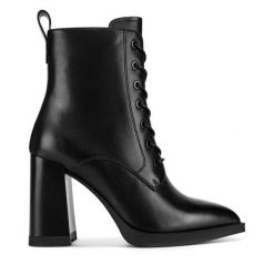 Trzewiki Eva Minge. Czarne botki Eva Minge, bez wzorów, bez obcasa, na słupku, bez zapięcia. Za 463.00 zł.