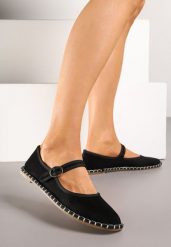 Czarne Balerinki Espadryle z Przeszyciami i Paskiem Firionea. Czarne baleriny Renee, bez wzorów, bez obcasa, bez zapięcia. Za 44.99 zł.