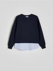 Bluza z koszulowym dołem - granatowy. Niebieskie bluzy Reserved, l, bez wzorów, z bawełny, bez kaptura. W wyprzedaży za 79.99 zł.