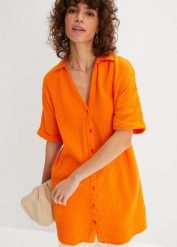 Długa bluzka oversize z miękkiego muślinu z czystej bawełny. Białe bluzki bonprix, bez wzorów, z bawełny, bez kołnierzyka, bez ramiączek. Za 114.99 zł.