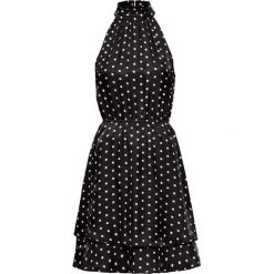Sukienka z falbaną i dekoltem halter bonprix czarno-biel wełny w kropki. Czarne sukienki bonprix, bez wzorów, z wełny, bez kołnierzyka, bez ramiączek. Za 149.99 zł.