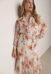 Pomarańczowa Zwiewna Sukienka z Długim Rękawem Falbanami i Wiązanym Paskiem Aezera. Brązowe sukienki Born2be, do pracy, l, bez wzorów, z jeansu, biznesowe, bez kołnierzyka, bez ramiączek, maxi, proste. Za 229.99 zł.