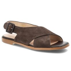 Sandały damskie S.Barski, cholewka ze skóry naturalnej zamszowej zapinane na sprzączkę, brązowe, JC61-1001. Brązowe sandały S.BARSKI, bez wzorów, ze skóry, bez obcasa, bez zapięcia. Za 259.00 zł.