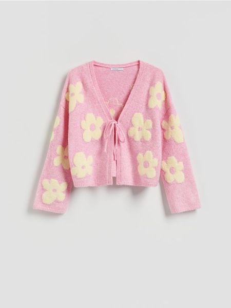 Wzorzysty kardigan - różowy. Czerwone kardigany Reserved, l, bez wzorów, z dzianiny. Za 139.99 zł.