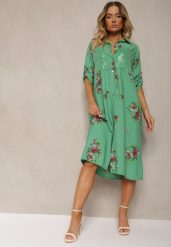 Ciemnozielona Koszulowa Bawełniana Sukienka Zapinana na Guziki Nuramla. Zielone sukienki Renee, na co dzień, na wiosnę, uniwersalny, bez wzorów, z bawełny, eleganckie, bez kołnierzyka, bez ramiączek, midi, kopertowe. Za 99.99 zł.