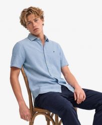 Superdry Koszula Riviera z krótkim rękawem z lnu - Blue Chalk Stripe. Niebieskie koszule Superdry, m, bez wzorów, ze lnu, klasyczne, bez kołnierzyka, bez ramiączek. Za 352.05 zł.