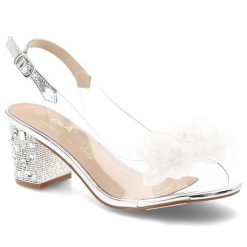 Sandały damskie S.Barski, transparentny pasek ozdobny kwiat regulowany pasek stabilny obcas elegancki fason, srebrne, MR61-9009. Szare sandały S.BARSKI, bez wzorów, eleganckie, bez obcasa, na obcasie, bez zapięcia. Za 199.00 zł.