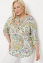 Zielono-Beżowa Bluzka Koszula z Guzikami Przy Dekolcie w Ornamentalny Print Indafare. Zielone bluzki Born2be, xl, bez wzorów, z jeansu, biznesowe, bez kołnierzyka, bez ramiączek. Za 69.99 zł.
