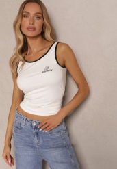 Biały Top z Wiskozą i Ozdobnym Nadrukiem Amotia. Białe topy Renee, m, bez wzorów, z jeansu, bez kołnierzyka, bez ramiączek. Za 39.99 zł.