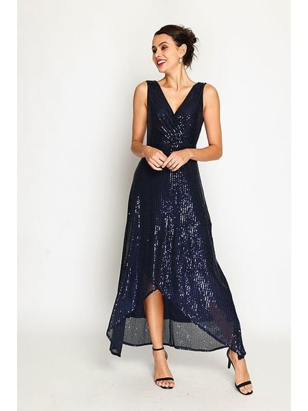 ASSUILI Sukienka w kolorze granatowym rozmiar: 42. Niebieskie sukienki Assuili, bez wzorów, klasyczne, z asymetrycznym kołnierzem, bez ramiączek, maxi, asymetryczne. Za 198.10 zł.