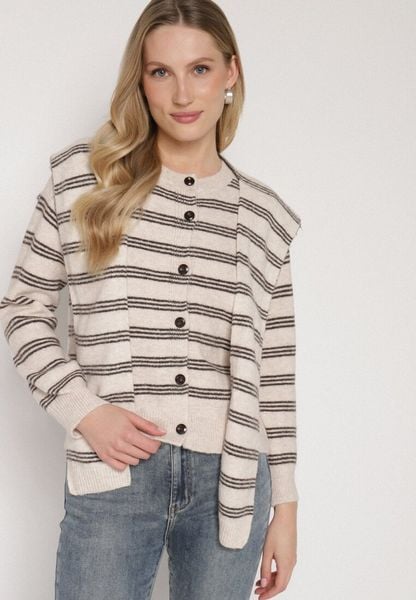 Beżowy Kardigan w Paski z Domieszką Wełny z Dodatkową Narzutką Fedina. Brązowe kardigany Born2be, bez wzorów, z jeansu. Za 119.99 zł.