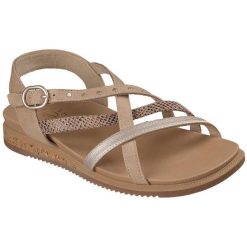Sandały damskie Skechers Desert Kiss Low Seaside Sli. Brązowe sandały Skechers, bez wzorów, z materiału, bez obcasa, bez zapięcia. Za 390.00 zł.