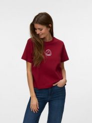 Vero Moda Koszulka w kolorze bordowym rozmiar: L. Czerwone bluzki Vero Moda, l, bez wzorów, z bawełny, bez kołnierzyka, bez ramiączek. Za 71.89 zł.