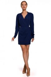 Elegancka kopertowa sukienka mini z drapowaniem granatowa. Sukienki Sukienki.shop, na spotkanie biznesowe, xl, bez wzorów, eleganckie, bez kołnierzyka, bez ramiączek, mini, kopertowe. Za 409.00 zł.