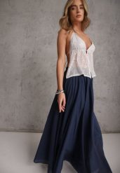 Granatowa Rozkloszowana Spódnica z Bawełny w Stylu Preppy Petrra. Niebieskie spódnice Renee, na co dzień, bez wzorów, z bawełny, maxi, dopasowane. Za 149.99 zł.