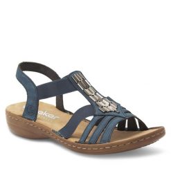 Sandały Rieker. Niebieskie sandały Rieker, bez wzorów, bez obcasa, na płaskiej podeszwie, bez zapięcia. Za 289.99 zł.