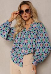 Niebiesko-Granatowa Wiskozowa Koszula z Bufiastymi Rękawami w Mozaikowy Print Telita. Niebieskie koszule Renee, m, bez wzorów, z jeansu, eleganckie, bez kołnierzyka, bez ramiączek. Za 119.99 zł.