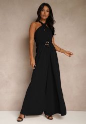 Czarny Kombinezon Koktajlowy Ozdobiony Paskiem z Metaliczną Klamrą Zermira. Czarne sukienki Renee, na co dzień, m, bez wzorów, eleganckie, bez kołnierzyka, bez ramiączek, proste. Za 199.99 zł.