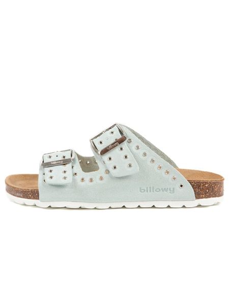 Billowy Skórzane klapki w kolorze błękitnym rozmiar: 38. Niebieskie klapki Billowy, bez wzorów, z otwartym noskiem, bez obcasa. Za 175.67 zł.