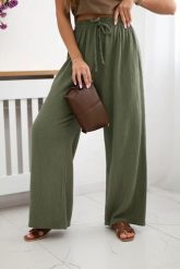 Spodnie muślinowe z szeroką nogawką khaki. Brązowe spodnie materiałowe KESI, do pracy, l, bez wzorów, z bawełny, plus size. Za 150.52 zł.