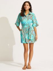 Seafolly Sukienka w kolorze turkusowym rozmiar: M. Niebieskie sukienki Seafolly, na co dzień, m, bez wzorów, z tkaniny, bez kołnierzyka, bez ramiączek, mini, proste. Za 211.31 zł.