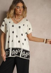 Beżowa Bluzka z Wiskozą z Krótkim Rękawem Typu Nietoperz w Kwiatowy Print Lannelle. Brązowe bluzki Renee, s, bez wzorów, z jeansu, eleganckie, bez kołnierzyka, bez ramiączek. W wyprzedaży za 41.99 zł.