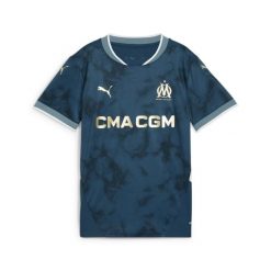 Młodzieżowa koszulka wyjazdowa Olympique Marsylia 24/25 PUMA. Niebieskia bluzki Puma, m, bez wzorów, młodzieżowe, bez kołnierzyka, bez ramiączek. Za 333.33 zł.