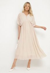 Beżowa Sukienka Rozkloszowana z Wiązaniem na Szyi o Luźnym Kroju Napila. Brązowe sukienki Born2be, na co dzień, l, bez wzorów, eleganckie, bez kołnierzyka, bez ramiączek, maxi, rozkloszowane. Za 129.99 zł.