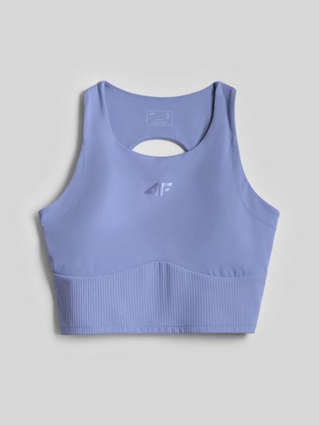 4F Crop top do jogi szybkoschnący damski - niebieski L. Niebieskie topy 4f, l, bez wzorów, z gumy, bez kołnierzyka, bez ramiączek. Za 119.99 zł.