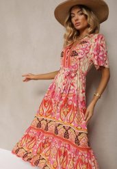 Czerwona Boho Sukienka z Wiskozy z Ozdobnymi Guzikami i Cienkim Paskiem w Talii Dimosia. Czerwone sukienki Renee, na co dzień, na lato, l, bez wzorów, z wiskozy, boho, bez kołnierzyka, bez ramiączek, maxi, proste. Za 89.99 zł.
