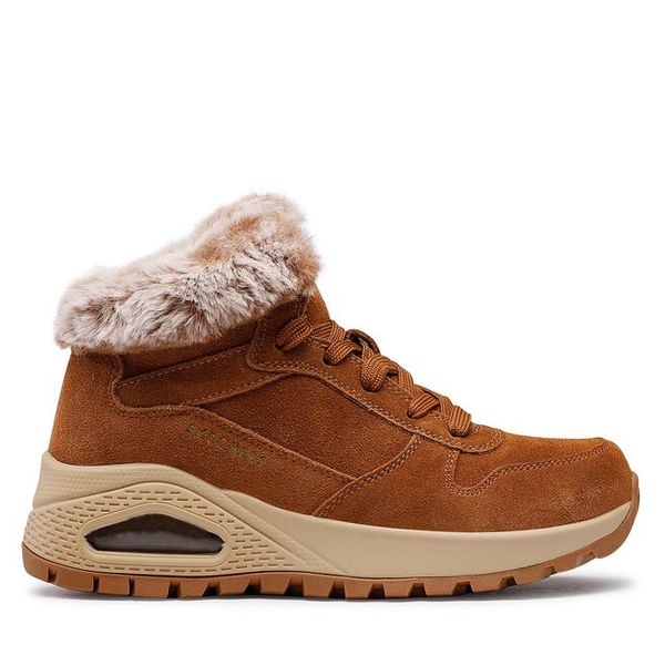 Trzewiki Skechers. Brązowe botki Skechers, bez wzorów, bez obcasa, na płaskiej podeszwie, bez zapięcia. Za 449.99 zł.