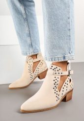 Beżowe Botki na Obcasie w Stylu Kowbojek z Wycięciem i Nitami Eleavira. Brązowe botki Born2be, bez wzorów, z jeansu, bez obcasa, na obcasie, bez zapięcia. Za 159.99 zł.