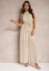 Beżowy Kombinezon z Dekoltem Typu Halter i Gumką w Talii Zolefia. Brązowe sukienki Renee, bez wzorów, eleganckie, bez kołnierzyka, bez ramiączek. Za 69.99 zł.