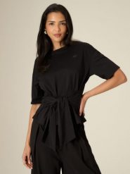 4F T-shirt regular z wiązaniem damski - czarny L. Czarne t-shirty 4f, l, bez wzorów, z bawełny, bez kołnierzyka, bez ramiączek. Za 79.99 zł.